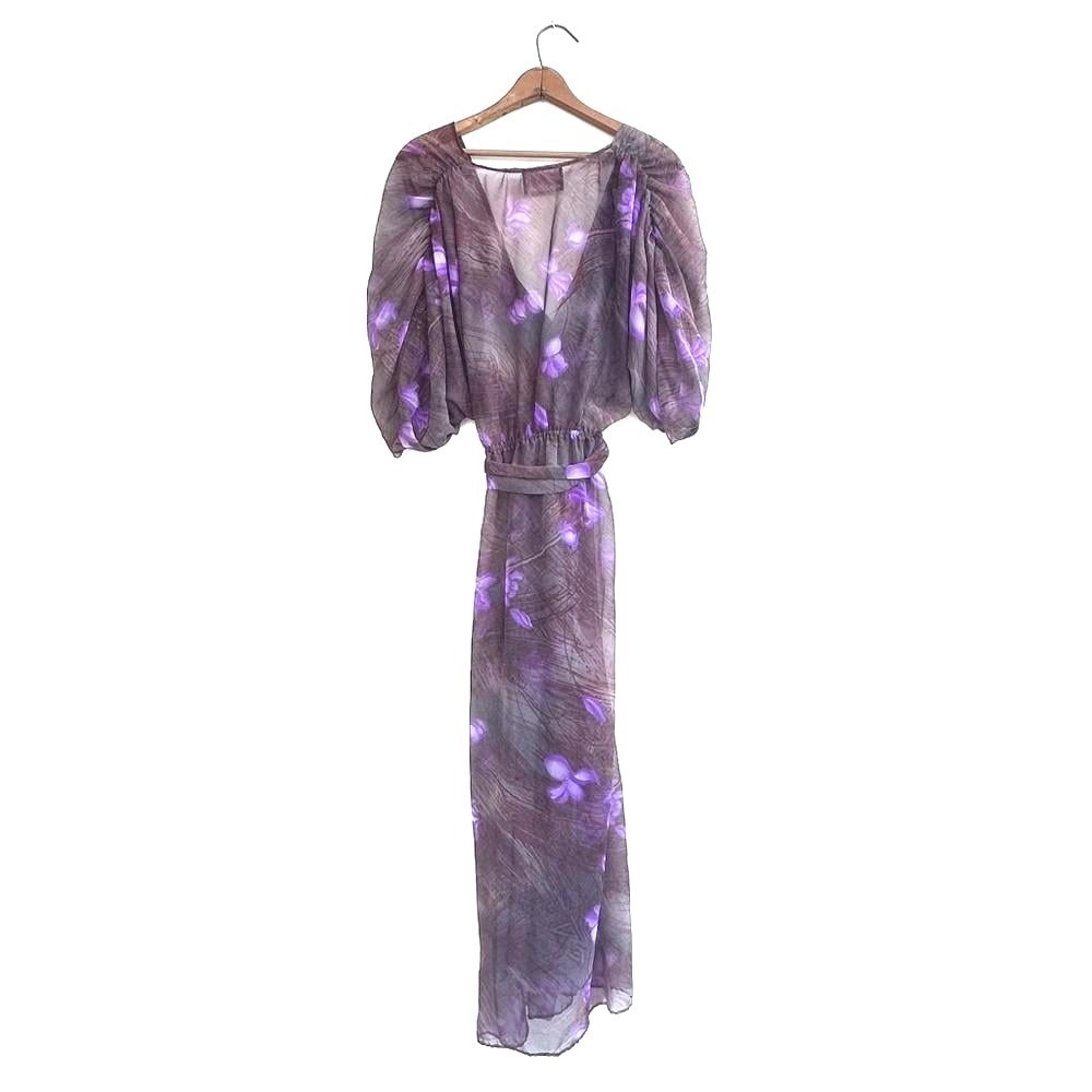 Vintage 70s/80s Karen Unlimited Maxi Dress Purple Floral Sheer Chiffon M
